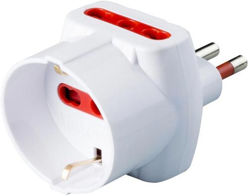 ADATTATORE TRIPLO SERIE EMILIA 250V Spina 2P+T 16A 2 Prese 2P+T 10/16A Bipasso 1 Presa 2P+T Schuko - bianco