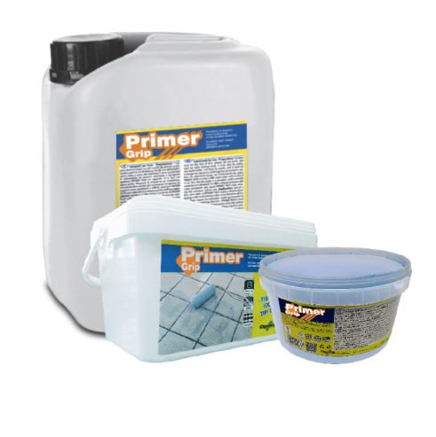 PRIMER GRIP PLUS CONF. 5 KG. - liquido Primer monocomponente a base di resine sintetiche e quarzi selezionati. Promotore di adesione per adesivi di ceramica, intonaci e malte cementizie in genere. Adesione su tutti i supporti, pronto all’uso