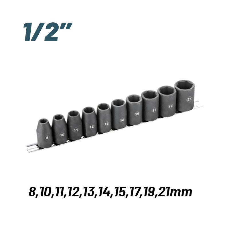 SET DI BUSSOLE PER UTENSILI ARIA/PNEUMATICI DA 1/2" - 10 PZ - 8,10,11,12,13,14,15,17,19,21 - BHT7703