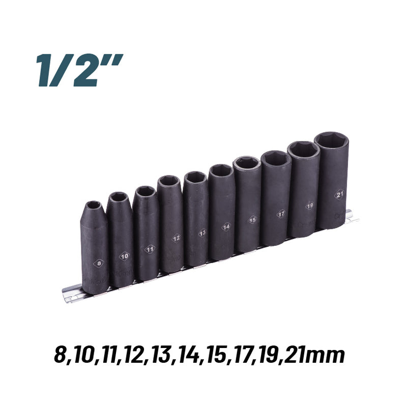 SET DI BUSSOLE LUNGHE PER UTENSILI ARIA/PNEUMATICI DA 1/2" - 10 PZ - 8,10,11,12,13,14,15,17,19,21 - BHT7704
