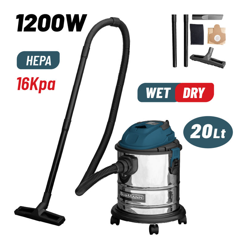 ASPIRAPOLVERE BORMAN A UMIDO E SECCO 1200W, CONTENITORE IN ACCIAIO INOX 20Lt - BVC2610