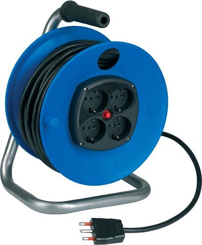 Avvolgicavo DOMESTICO 50MT cavo 3G1,5 con 4 prese schuko biv. e spina 3P 16A + disgiuntore termico