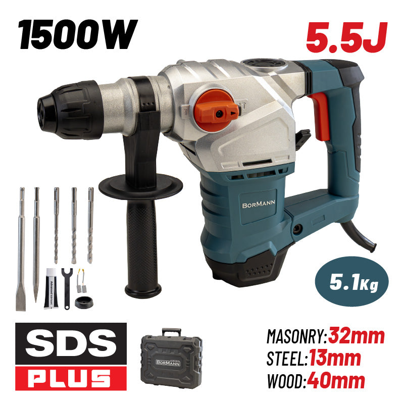 MARTELLO ROTANTE  BORMAN 1500W, SDS-PLUS, 5,5J, 5,1KG + VALIGETTA ACCESSORI - BPH4000