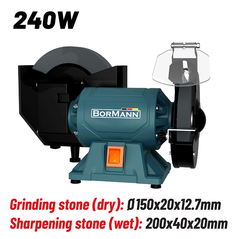 SMERIGLIATRICE DA BANCO DOPPIA 240W, DISCO ABRASIVO 150x20x12,7 , DISCO PER L'AFFILATURA 200x20x40 - BDT1528