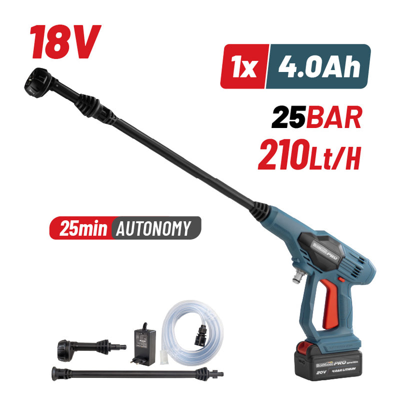 IDROPULITRICE A BATTERIA  BORMAN 25BAR, 180LT/H, 1,7 KG, PISTOLA CON 5 FUNZIONI, BATTERIA 4 Ah, CARICABATTERIA - BPW1100
