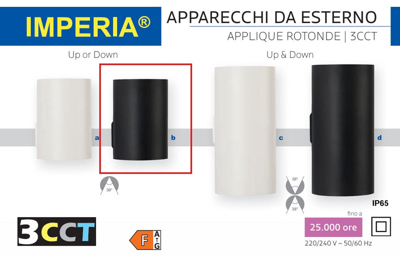 IMPERIA iGIOTTO UPorDOWN 9W LED 3CCT IP65 NERO- APPLIQUE ROTONDA DA ESTERNO