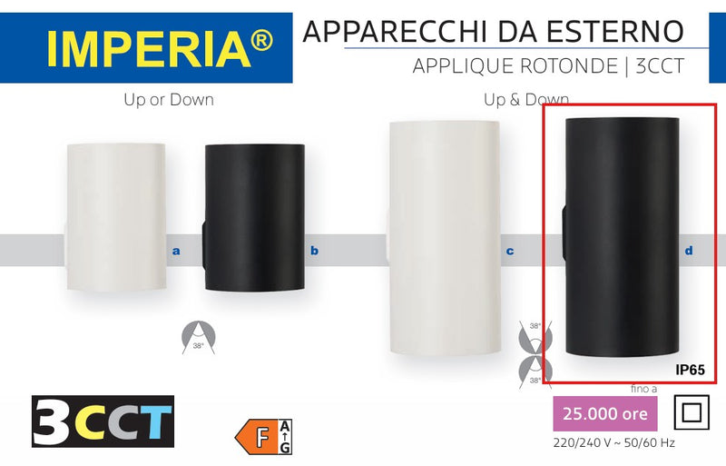 IMPERIA iGIOTTO UPorDOWN 18W LED 3CCT IP65 NERO - APPLIQUE ROTONDA DA ESTERNO
