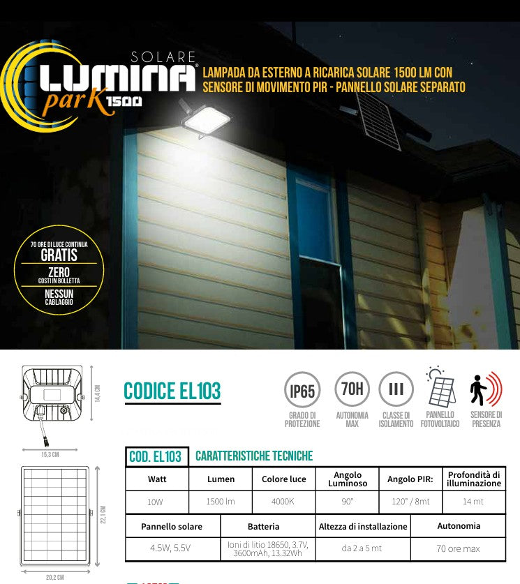 CFG - LAMPADA da esterno a ricarica solare 1500 LM con sensore di movimento PIR - pannello solare separato
