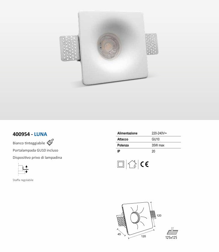 FARETTO IN GESSO GU10 DIMENSIONI 120x120X45MM LUNA