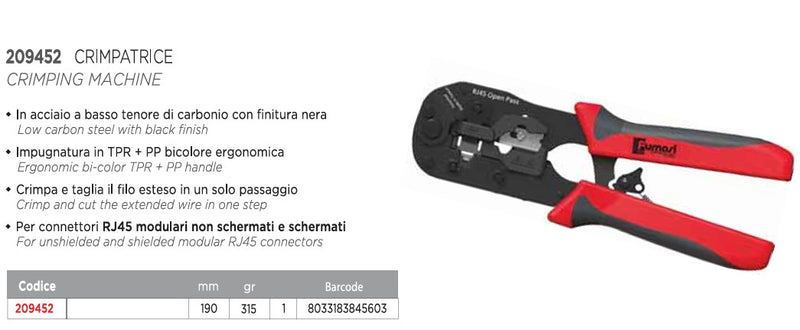 CRIMPATRICE PER CONNETTORI RJ45 mm 190 - FUMASI
Codice prodotto: 209452