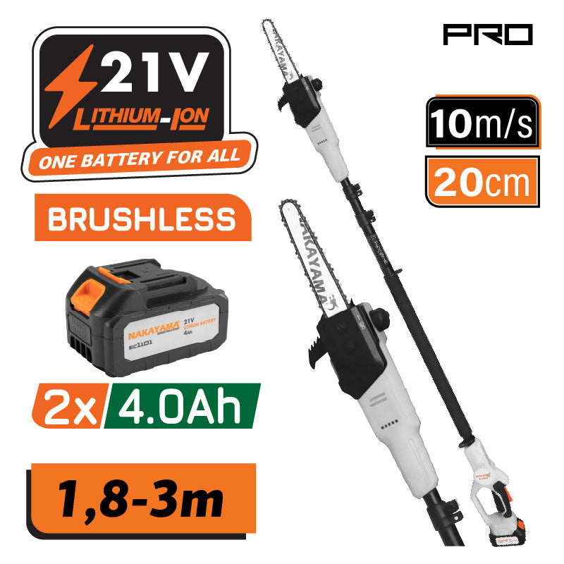 Seghetto alternativo telescopico a batteria NAKAYAMA Pro EC1615 21V, 2x4Ah, lama da 20 cm, lubrificazione automatica