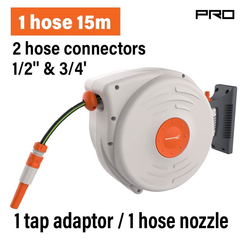 Avvolgitubo automatico per irrigazione da parete NAKAYAMA Pro GH9160, con tubo da 15 m 1/2'' e 4 accessori