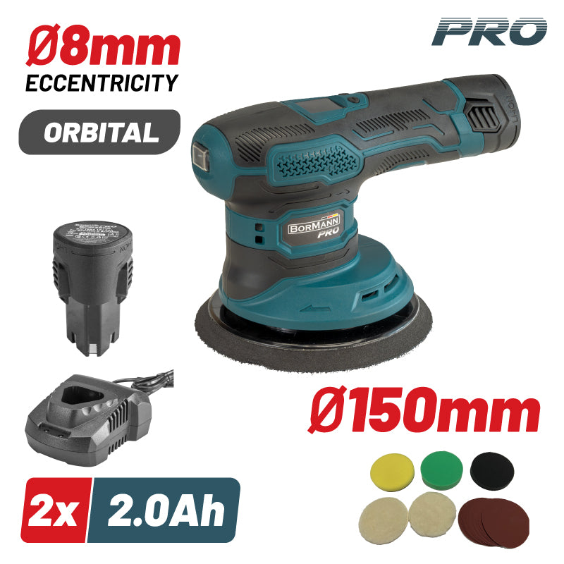 LUCIDATRICE/LEVIGATRICE ECCENTRICA A BATTERIA 12V, 150mm, 8mm, 2000-4500 giri/min, 2x2Ah - BCP3800