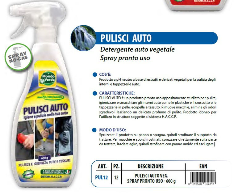 PULISCI AUTO
Detergente auto vegetale 
Spray pronto uso - 600 GR