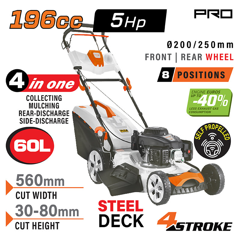 TOSAERBA A BENZINA SEMOVENTE 196cc EURO V CESTO 60L TAGLIO 56CM - PM5560