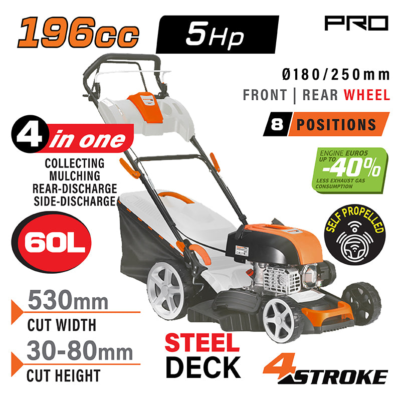 TOSAERBA A BENZINA SEMOVENTE 196cc EURO V CESTO 60L TAGLIO 53CM - PM5530