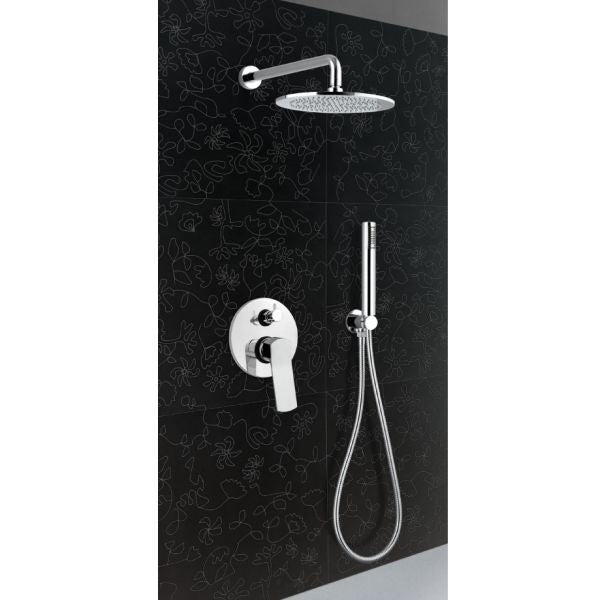 Kit soffione cilindrico diametro mm 250 con MISCELATORE incasso doccia, deviatore a 2 uscite + kit doccia cilindrico con presa acqua, 
flessibile cm 150 e doccetta cilindrica.   CROMO - MOON