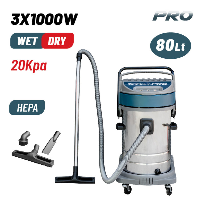 ASPIRAPOLVERE PER LIQUIDI E SOLIDI 3x1000W CON SECCHIO ACCIAIO INOX DA 80 LT - BVC7510