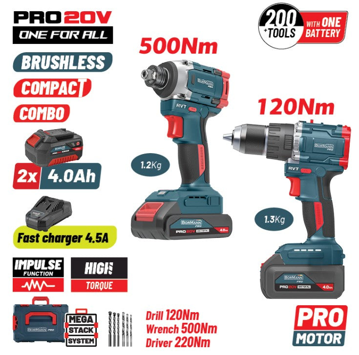 Set avvitatore a impulsi compatto senza spazzole e chiave inglese BORMANN Pro BBP5465X44T2CA 2 in 1