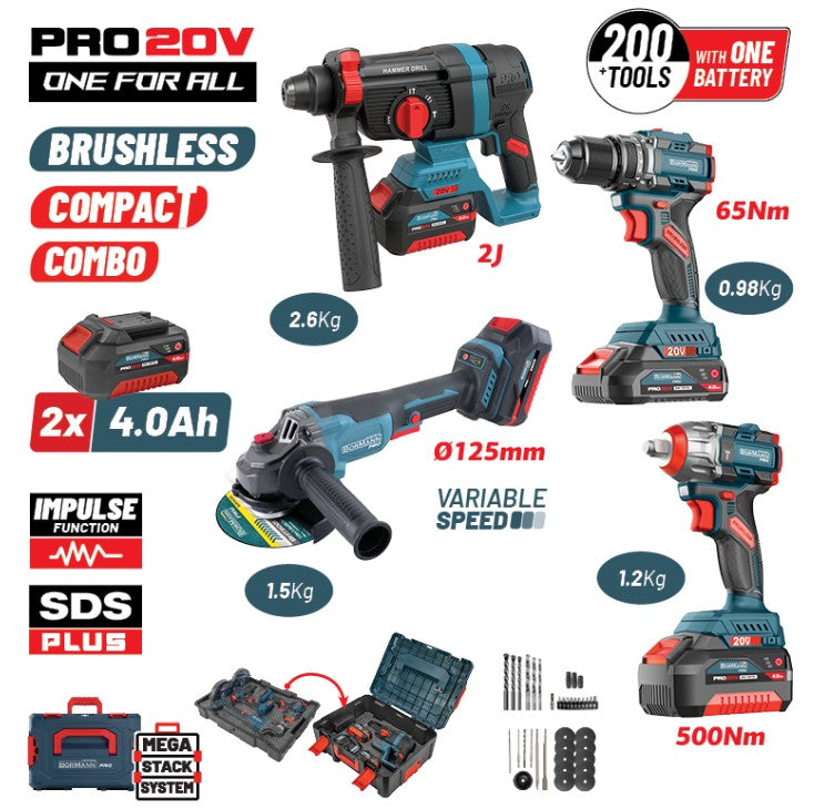 Set di batterie BORMANN Pro BBP5438X44T4CA per motori brushless, trapano/avvitatore, smerigliatrice angolare, utensili pneumatici e cacciavite.