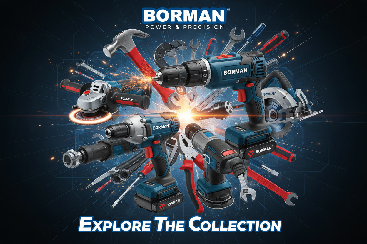 crea un collage di immagini che rappresenti elettroutensili ed utensili manuali della BORMAN, traendo spunto dall'immagine allegata e dalle fonti del web. La struttura dev'essere accattivamente e motivare l'utente al clink per esplorare gli articoli contenuti nella collezione