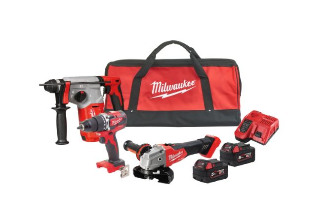 KIT 18V TRAPANO CON PERCUSSIONE + TASSELLATORE + SMERIGLIATRICE (M18 FPP3Q-502B) - MILWAUKEE